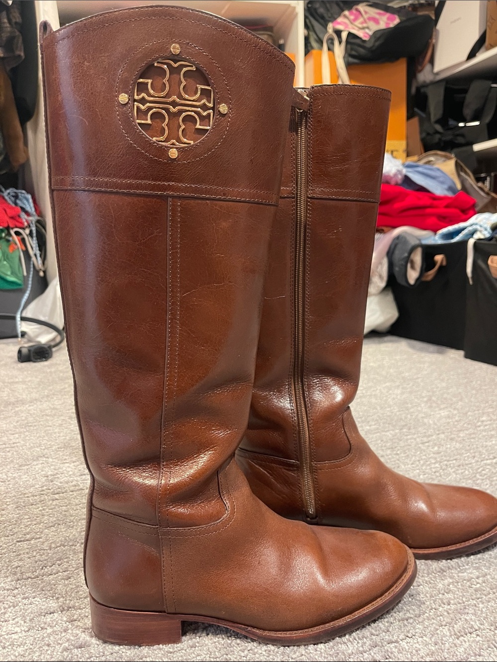 Tory Burch Brown Leather Knee-High Riding Boots with Logo Medallion